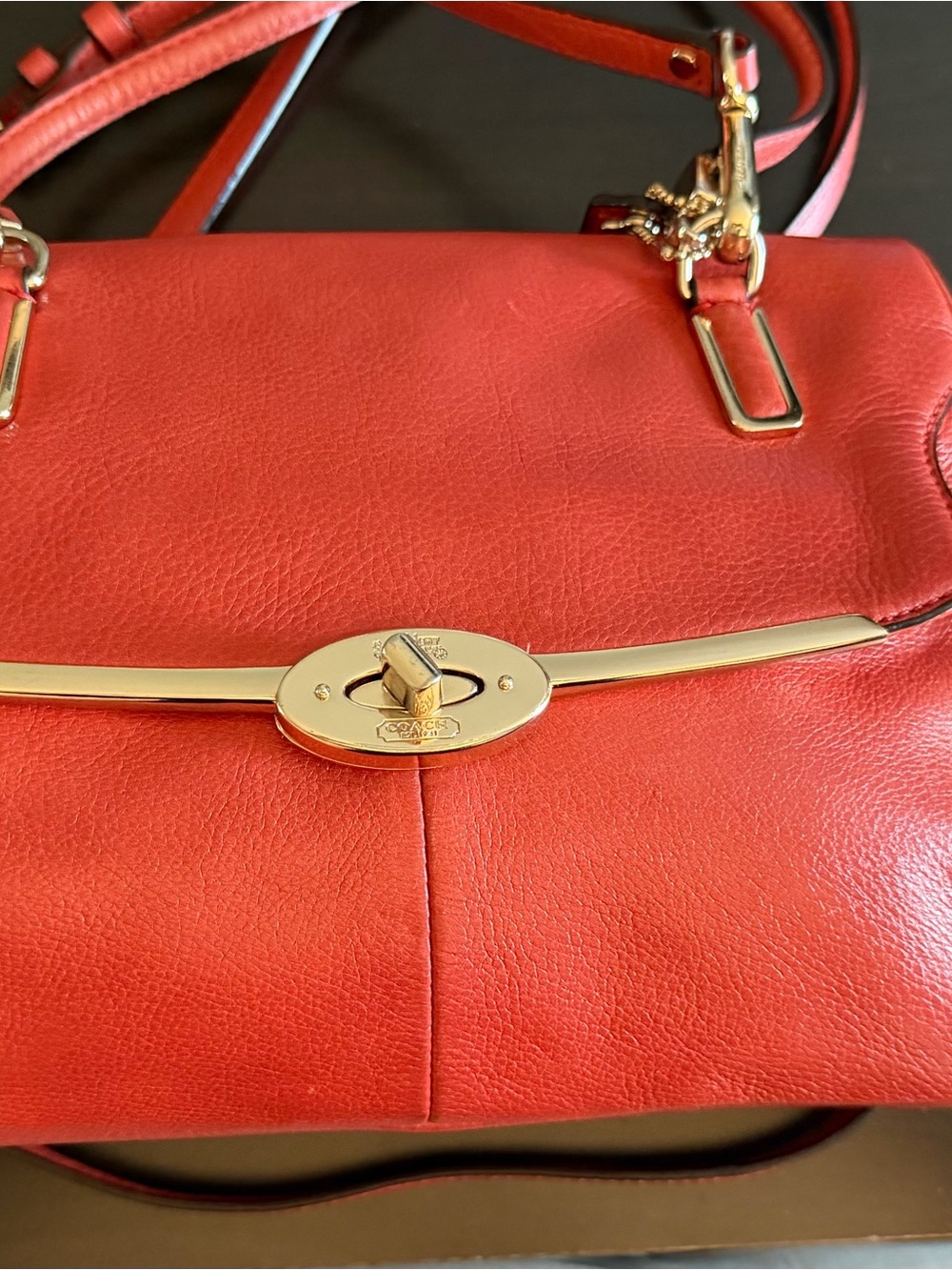 Coach Coral Red Leather Shoulder Bag with Gold Turnlock
